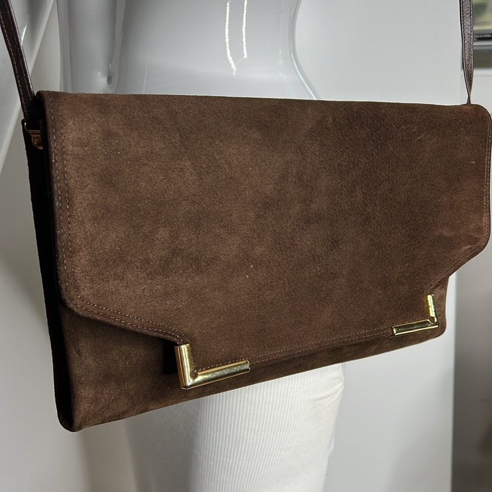 Block Brown Suede Envelope Snap Closure Shoulder Clutch Bag - Picture 2 of 12